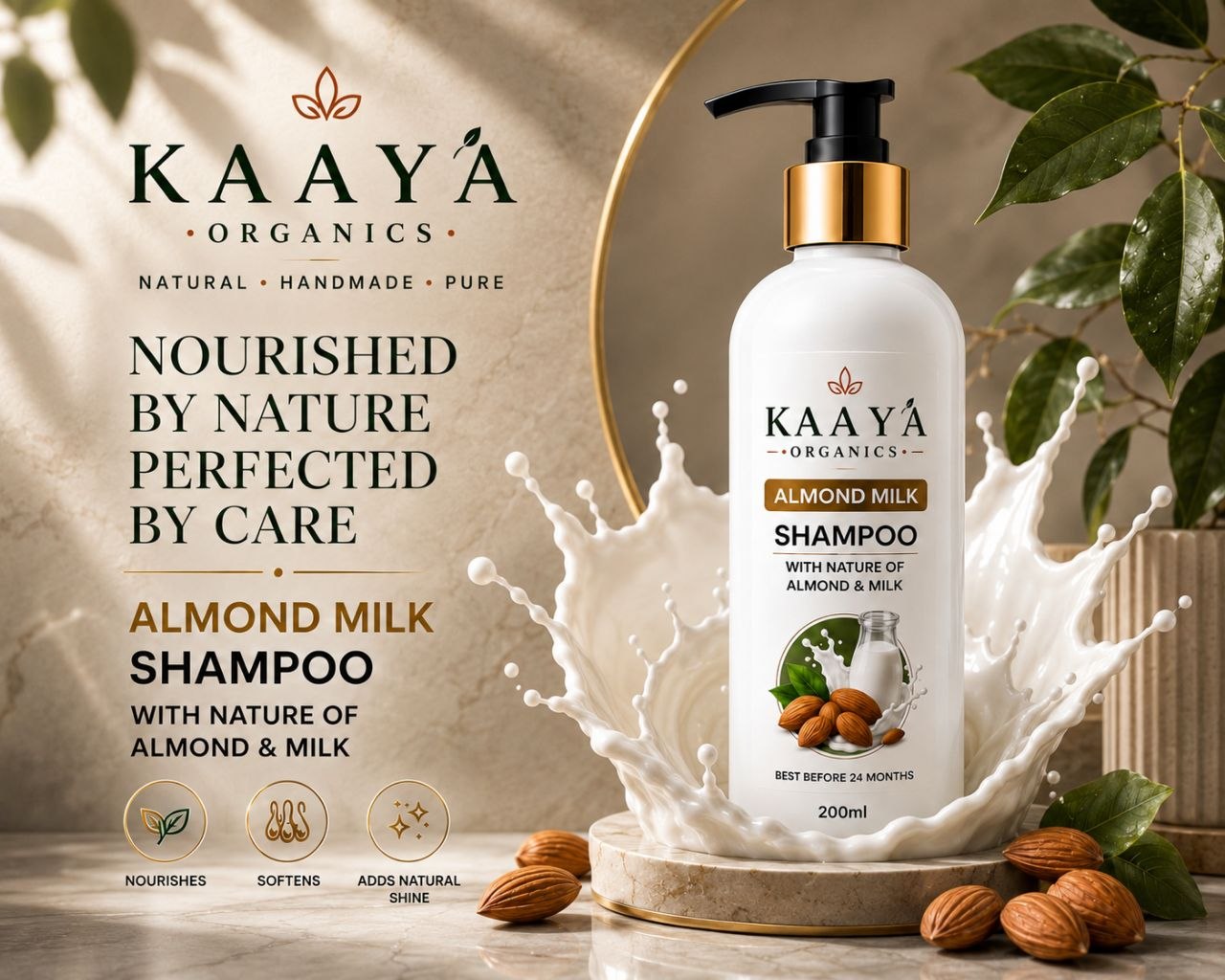 Almond Milk Shampoo By Kaaya Organics | Nourishing Hair Cleanser with Almond & Milk Extracts | Soft, Smooth & Shiny Hair | Suitable for Daily Use | 200ml