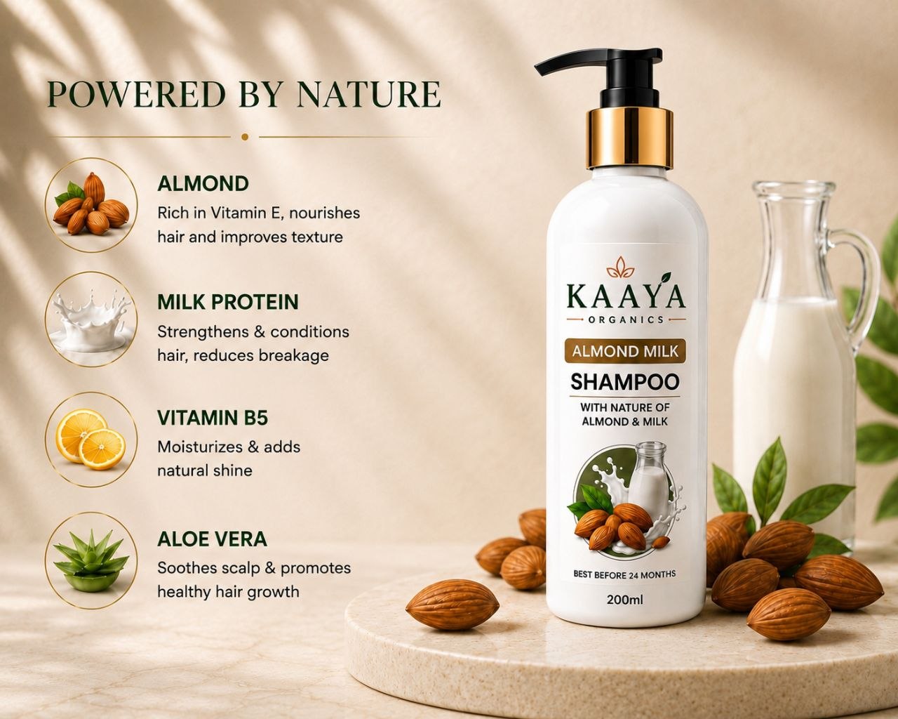 Almond Milk Shampoo By Kaaya Organics | Nourishing Hair Cleanser with Almond & Milk Extracts | Soft, Smooth & Shiny Hair | Suitable for Daily Use | 200ml